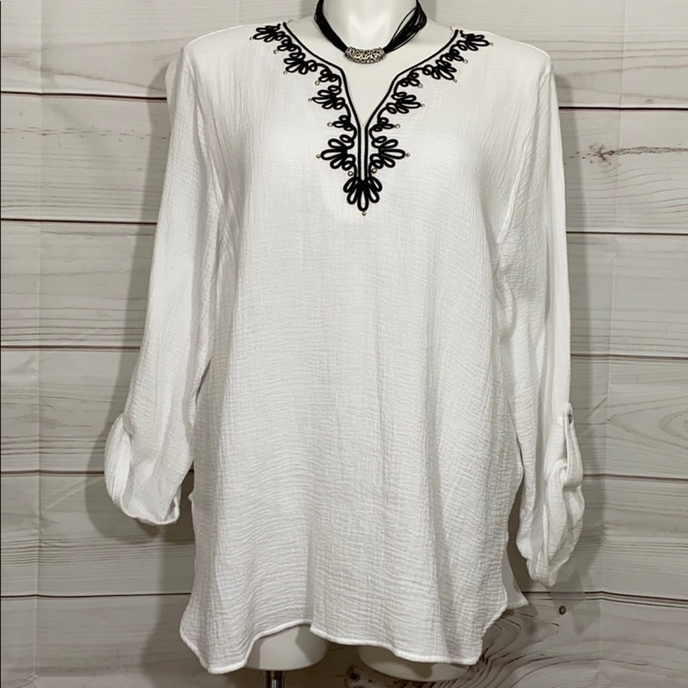 NWOT Ruby Rd. White Cotton Tunic Top Black Appliqué Size 2X